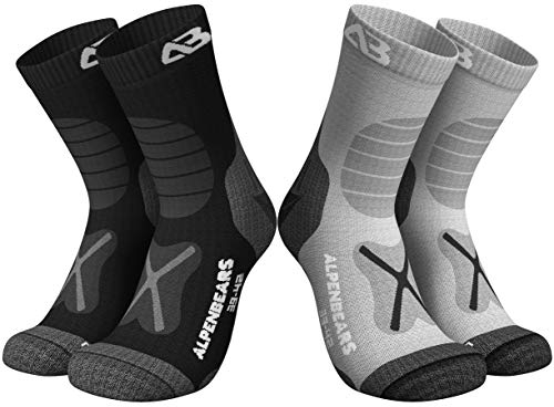 Alpen Bears Herren Premium Wandersocken aus Merinowolle Socken, Grau-Schwarz-2 Paar, 39-42