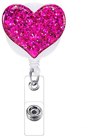 1 bobine de porte-badge rétractable avec clip de ceinture en forme de cœur pailleté pour filles, infirmières, enseignantes, étudiants – Rose rouge