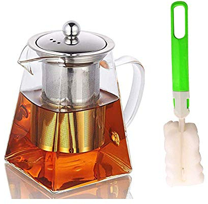 Théière en verre avec infuseur, Théière en verre avec brosse à tasse,Théière en verre résistant à la chaleur avec infuseur amovible, Théière en verre borosilicate transparent pour thé en vrac 750 ML