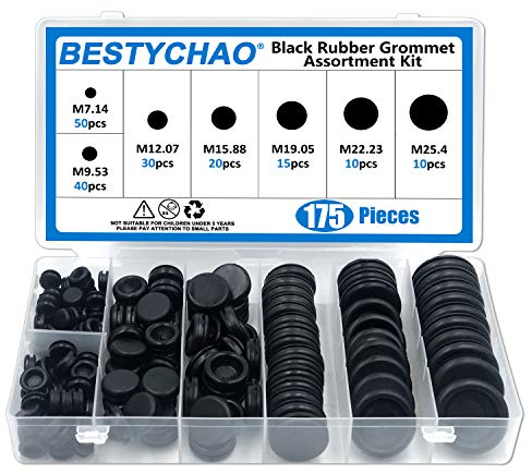 BESTYCHAO 175pcs 7 Größen Schwarze Gummitülle Elektrischer Leiter Dichtungsring-Sortiment zum Schutz von Drähten, Steckern und Kabeln