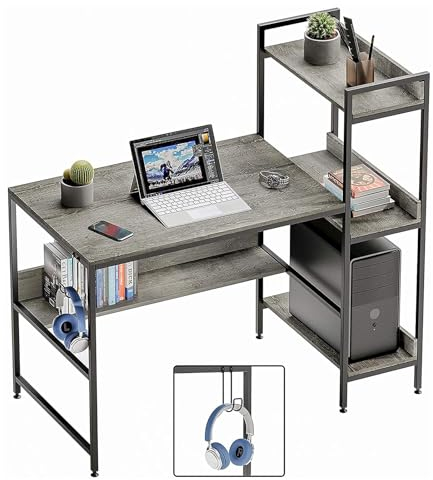 Bestier Computer Desk with Storage Shelves 47 Inch Ladder Writing Desk Bedroom Organization for Small Space Reversible Bookshelf and Under Desk Shelf (Gray)