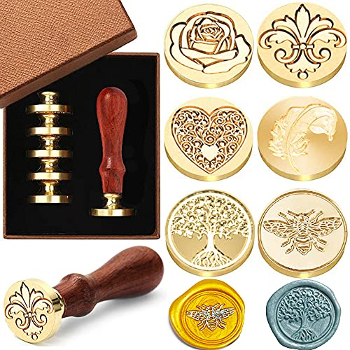 Wachs Siegelstempel Set, Retro Wachsstempel Kit Siegelwachs Stempel Kit mit 6 Abnehmbaren Messingköpfen 1 Holzgriff für Siegellack, Umschlag, Geschenkkarte, Einladungskarte Verschönerung Dekoration