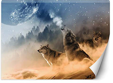 Feeby Fototapete XXL Abstrakt Natur 400x280 cm mehrfarbig Vliestapete Moderne Design Wandtapete Küche Flur Wohnzimmer Büro Badezimmer Kinderzimmer Nacht Mond Wölfe