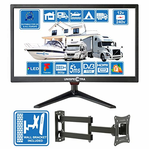 Unispectra 19 Zoll (48cm) TV 12V / 240V HD+ LED Digitaler DVB-T/T2 (Frei Empfangbar) HDMI VGA USB PVR & Mediaplayer ideal für Heim, Wohnmobil, Boot, Wohnwagen, Camping, LKW