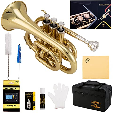 Glory Bb Pocket Trompete mit Etui, Reinigungstuch, Handschuhe, Goldlack (Lakier)