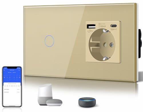 BSEED Prise Schuko standard avec interrupteur en verre Smart Alexa Touch Switch avec prise 3 en 1 avec puissance de charge USB 2,1 A + adaptateur de type C 1 compartiment 1 voie Doré