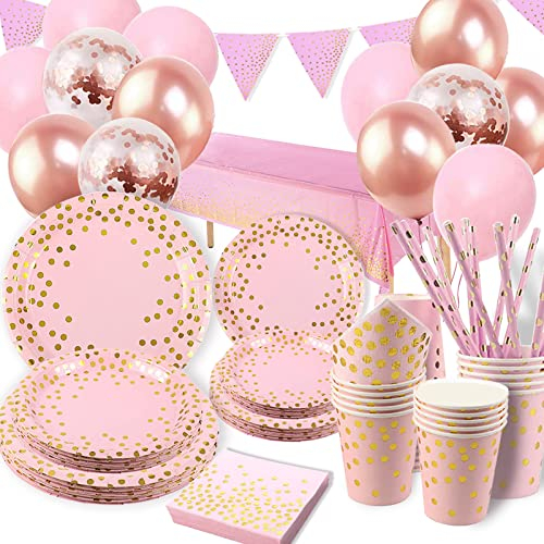 Platos Vajilla para Fiestas Cumpleaños, 20 Invitados Vajilla con Globos, Platos y Vasos de Papel, Servilletas, Paja, para Fiestas, Boda, Aniversarios, Halloween, Navidad, Rosa y Oro