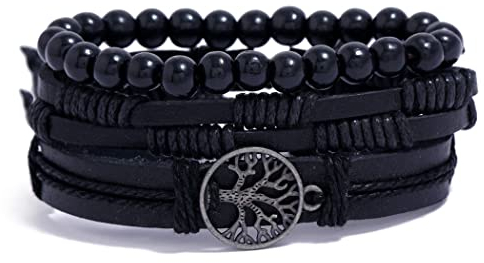 Branets Pulsera de cuero para hombre Hombres Árbol de la vida Trenzado Punk Goth Pulseras vintage Cuentas hechas a mano Kit de envoltura de cuerda ajustable (Negro)
