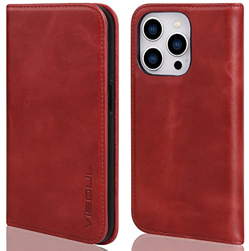 VISOUL Hülle für iPhone 14 Pro Max,Handyhülle Erstklassiges Echtleder Schützt vor Stoß Kartenfach Magnet Standfunktion und TPU Schutzhülle Lederhülle Rot