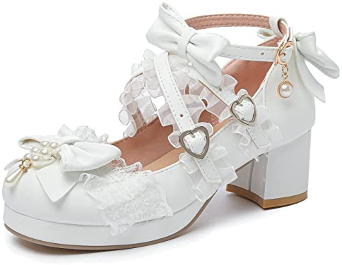 Women's Kawaii Shoes Cross Strap Pumps Cute Mary Jane Shoes,9,White