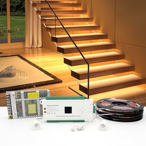 SuperStairLED Motion-Activated LED Stair Lighting Kit with Daylight Sensor SSL-5616, Supports up to 16 Steps × 40 Cuttable 3000K COB Strip Lights for Indoor LED Stair Lights