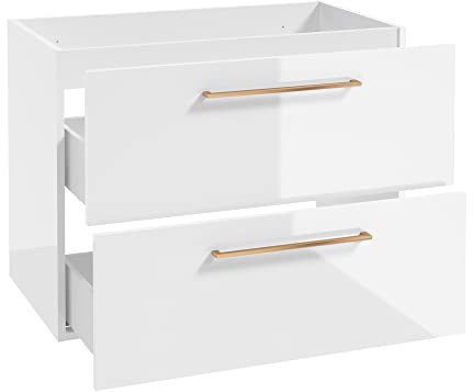 Lomadox Waschtischunterschrank mit Metallgriffen in Kupfer, 80 cm breit mit 2 Schubkästen, in weiß Hochglanz lackiert, B/H/T: ca. 80/60/40 cm