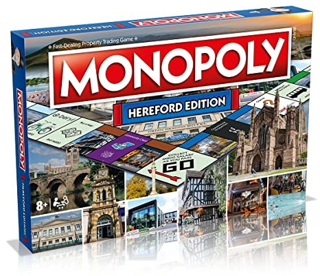 Winning Moves Hereford Monopoly Board Game, Advance to the Bull Statue, the Black and White House Museum and the Old Wye Bridge, 2–6 players makes a great gift for ages 8 plus