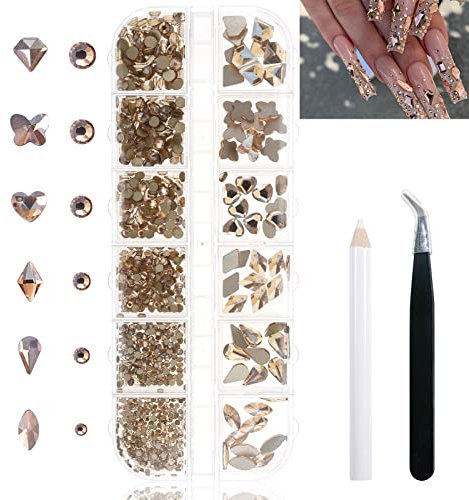 Yatinkim 810pcs Nail Art Rhinestones Gel Nails Gems Charms Manicure Jewelry Stones Acrylic Makeup Decorate Supplies Design Accessories Champagne