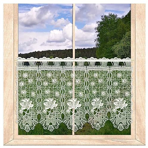 atelier alles-Spitze Klassische Spitzen-Scheibengardine Catarine in Natur | Hochwertiger Kurzstore aus Vogtländische Luftspitzen-Stickerei mit Blütenmotiv | Höhe x Breite: 45 x 64 cm