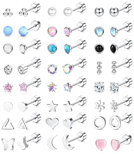Diamday Paia 20G Piercing Orecchini in Acciaio Chirurgico per Donne Stella Luna Cuore Fiore Opale Tiny Cartilage Screwback Orecchini a Vite Ipoallergenico Flat Back Helix Conch Piercing Gioielli