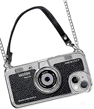 UnnFiko Phone Cases for iPhone 13 Pro Max, Cute Camera Design, 3D Vintage Camera Cover Phone Case with Wrist Strap & Long Lanyard (Black, iPhone 13 Pro Max)