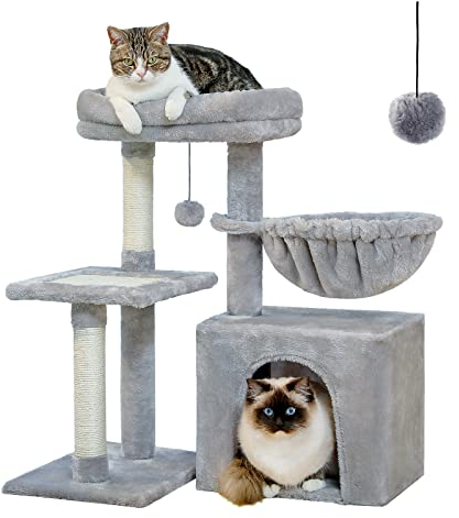 PAWZ Road Árbol para gatos pequeño, torre para gatos de 71.8 cm para gatos de interior, hamaca grande y percha superior extraíble, gris