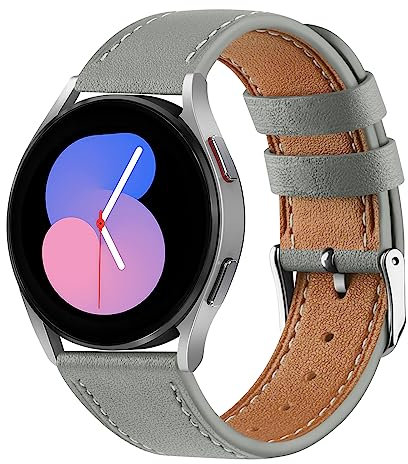 Cuir Bracelet Compatible avec Samsung Galaxy Watch 5/4/5 Pro/4 Classic pour Femme et Homme - Cuir Véritable Remplacement (40mm, 44mm, 45mm, 42mm, 46mm) (Gris)