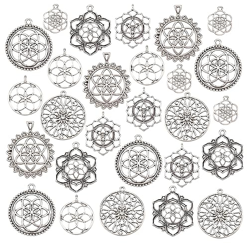 PH PandaHall 28 Stück Blume Charms 7 Stile Tibetische Antikes Silber Charms Anhänger Hohle Blumen Anhänger Für DIY Halskette Armband Schmuck Schlüsselanhänger
