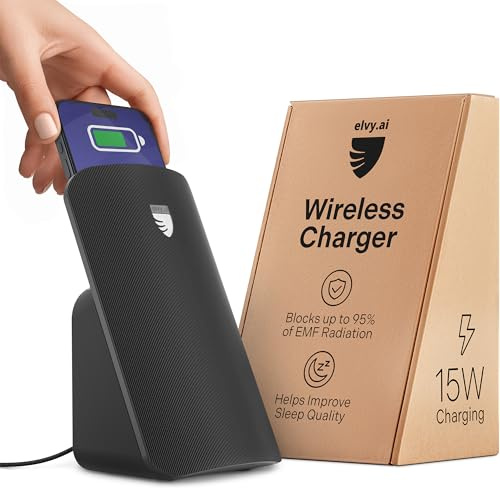 Elvy Advanced EMF Blocker Qi Wireless Charger: Schlafhilfegerät mit EMF-Schutz, schnelles und Qi-kompatibles Ladegerät mit Strahlungsblocker für Handys (Jet Black)