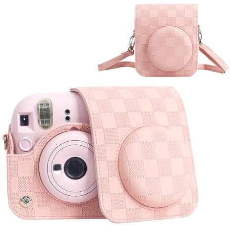 HIYQIN Camera Case Compatible with Fujifilm Instax Mini 12 Instant Camera, Checkerboard Style Camera Carry Bag for Polaroid Instax Mini 12 with Strap - Classic Black (QPG-Blush Pink)