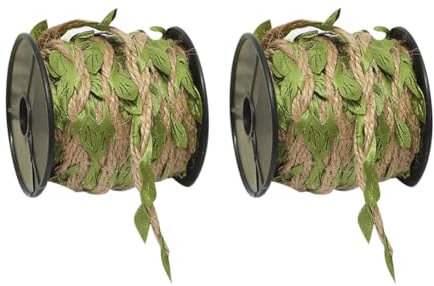HugeDE 2 Rolls 10m Burlap Leaf Ribbons Artificial Green Vine Ribbons Leaves String Ribbons Leaf Braided Ribbons Green Garland Ribbons for Decoration