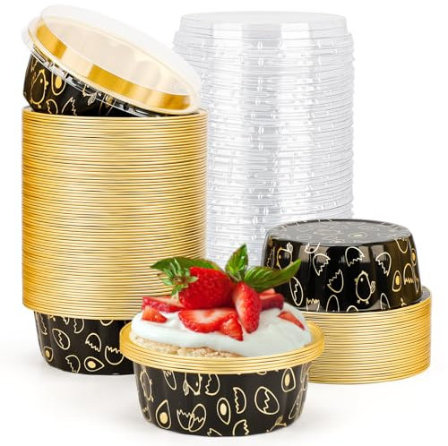 Beasea Lot de 100 ramequins jetables de 236,8 g avec couvercles, en feuille d'aluminium noir et doré pour crème brûlée, muffin, cupcakes, pudding, gâteau, fête, mariage, anniversaire