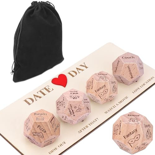 Meetory 12-seitige Datums-/Nacht-Würfel, 4 Stück, Date-Nacht-Spiele mit Beutel, Date-Nacht-Ideen für Paare, Würfelspiele, Holzwürfel, Lebensmittelwürfel für Geburtstag, Valentinstag, Jubiläen