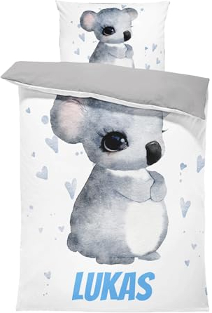 Pictogogo Personalisierte Baby Bettwäsche mit Koala - 135 x 200 cm, Wählbare Unterfarbe aus Baumwolle, Kinderbettwäsche Mit Namen, Babybett Komplett Set Mit Reißverschluss