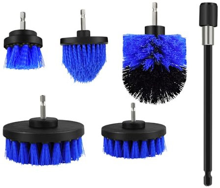 Drill Brush Attachment Set, Blue, with 5pcs Various Brush Attachment and 1pc Long Extended Rod, 1/4in Quick Change Shaft Universal Fit for Most Cordless Drills, for Bathroom, Car Cleaning
