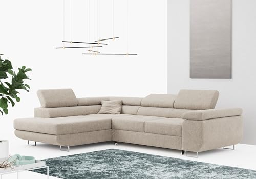 MKS MEBLE Ecksofa Wohnzimmer - Wohnlandschaft - L-Form Couch mit Schlaffunktion - Bettsofa - Wohnzimmer L Couch - Polstersofa mit Bettkasten - Gustaw - Creme - Links