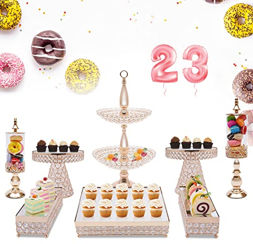 GramStudio Set di 8 supporti per torte a 2 piani + scatola per caramelle + supporto quadrato per torta pop, in metallo per matrimonio, Brithday Party Celebration Dessert Display Plates, oro