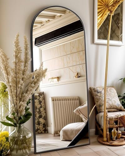 antok Ganzkörperspiegel, 164x54cm Standspiegel in Voller Länge Wandspiegel mit Aluminiumlegierung Rahmen und Bruchsichere Glas Gewölbter Bodenspiegel für Wohnzimmer, Ankleide, Schwarz