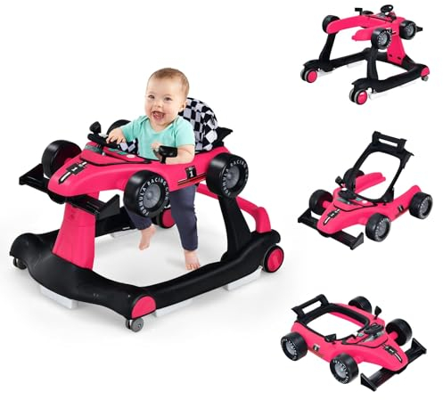 COSTWAY 4 in 1 Lauflernhilfe, Lauflernwagen klappbar mit einstellbarer Höhe & Geschwindigkeit, Baby Walker Autoförmig mit Musikbox, Licht & Rädern, Gehfrei Baby ab 6 Monaten, 12kg Belastbar (Rosa)