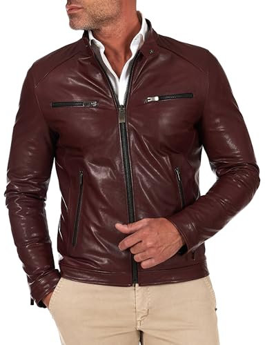 D'Arienzo Giacca in Pelle Colore Vinaccio da Uomo Giubbotto Giubbino Moto Vera Pelle Made in Italy Hamilton 48/Vinaccio