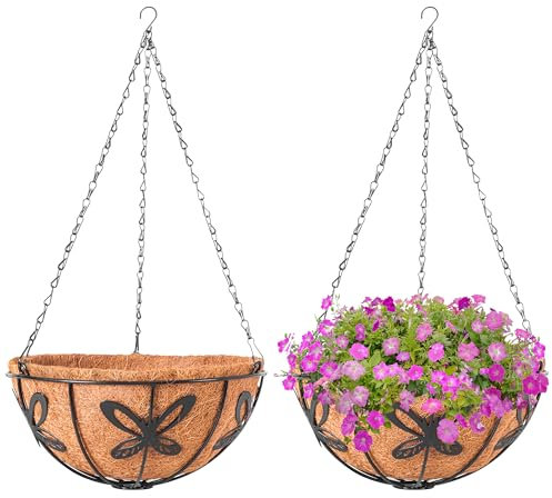 ARVINKEY Hanging Baskets Planter for Plants, 2 Pack 12 Inch Round Metal Wire Hanging Flower Pots with Coco Coir Liner Chain, Plant Holder for Home Garden Balcony Decor