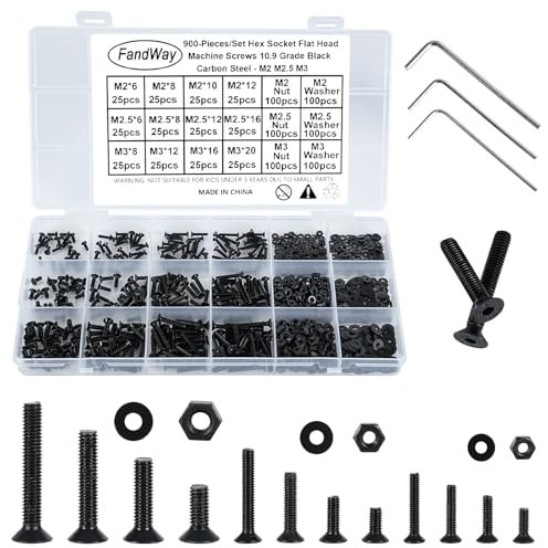 FandWay 900 Pezzi Vite a Testa Svasata con Esagono Incassato,Viti a Brugola M2 M2.5 M3 DIN 7991 Viti a Piatta Macchina Completa Filettatura in Acciaio al Carbonio Classe 10.9 Nero Con 3 Chiavi