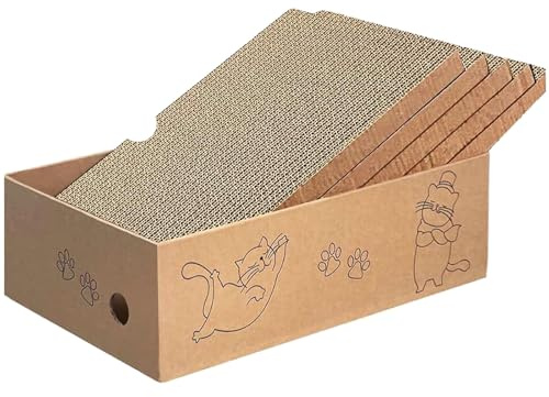 5 Pièces Carton Grattoir Chat avec 1 Boîte 42 * 26 * 13cm, Planche Ondulé Réversible pour Chaton Interieur, Planche Gratter Chats pour Jouer, Dormir, Pad Scratch Chat pour Protection Meubles, Murs