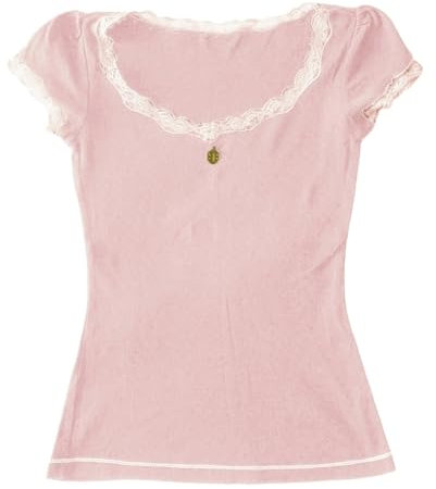 Y2k Long Sleeve Lace Crop Top Fairy Grunge Tee Shirt Patchwork Slim Fit T-Shirt Cute Kawaii Aesthetic Streetwear Fake 2 Piece Tops (Pink-b, S)