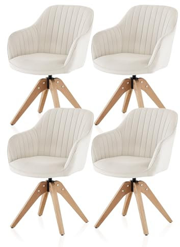 TUKAILAI Esszimmerstühle Drehbar 4er-Set aus Samt, Drehstuhl Esszimmer mit Armlehnen Rückenlehne Massivholzbeine,Küchenstuhl Polsterstuhl Armlehnenstuhl für Wohnzimmer Küche Schlafzimmer, Creme