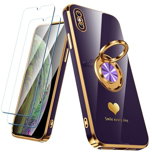Nonional Compatible for iPhone X/XS Case with 2 Pack Screen Protector, 360° Rotatable Ring Holder [Luxury Hearts Pattern] Plating Gold Edge Slim Soft Phone Case for iPhone X/XS - Purple