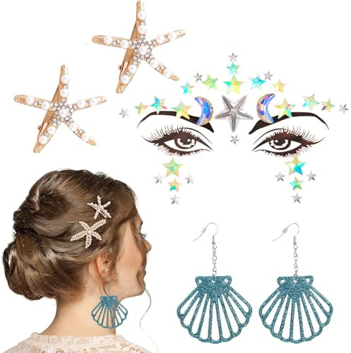 Meerjungfrau Accessoires Damen,Glitzersteine Gesicht Festival Zubehör+2 Seestern Haarspangen Muschel Haarreif+1 Paar Ohrringe in Muschelform,Strasssteine Gesicht Meerjungfrau Kostüm für Karneval. (A)