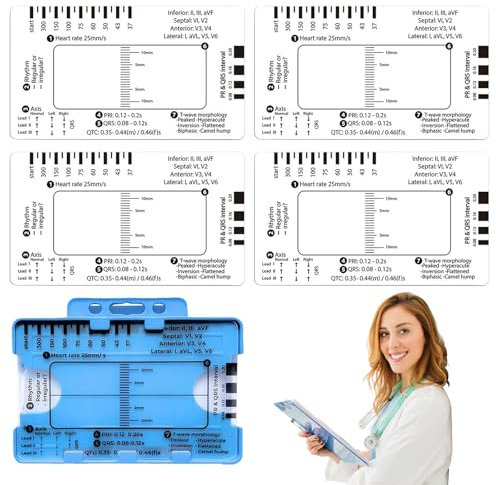 VARKAGE 4 Pcs ECG 7 Step Ruler, ECG/EKG 7 Step Ruler Card for ECG/EKG Interpretation, Portable Pocket ECG EKG Card Ruler ECG Reference Guide with Protect Sheath, ECG/EKG Assessment Tool