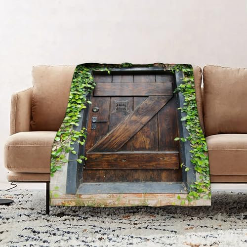 EOMKSE Fleece Blanket Sofa Throw - Versatile Blanket Fluffy Soft Throw for Bed and Couch Throw,Rustic Set,Small Spanish Style Dark Stained Wood Door Secret Garden with Grated Wi,39x51in