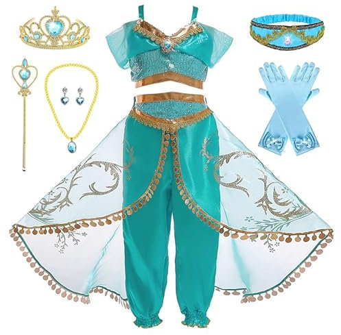Monissy Mädchen Kleid Prinzessin Jasmine Kostüm für Kinder Aladdin Oberteil + Hose Stirnband Zauberstab Verkleidung Weihnachten Karneval Geburtstag Fest Prinzessinnenkleid,Grün 2,130