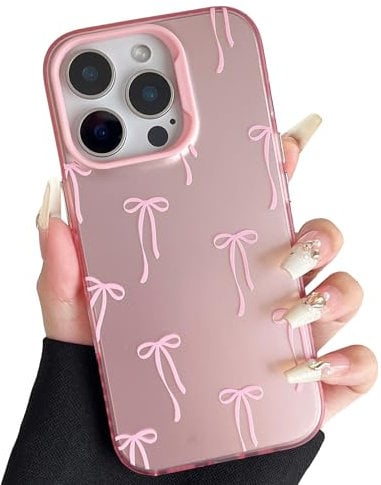 ZTOFERA Pink Bow Case for iPhone 16 Pro Max (6.9), Aesthetic Phone Case with Cute Ribbon Bowknot Pattern, Glossy Hard PC Back Case Silicone Bumper Shockproof Protective Cover for Girls Women - Bows