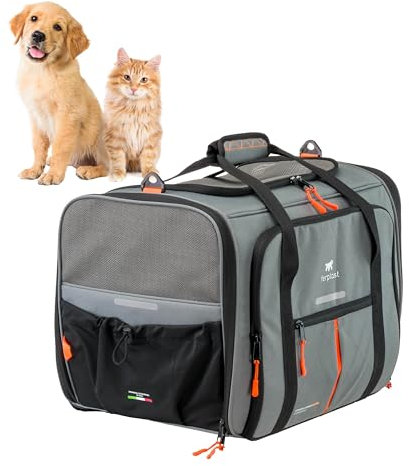 Ferplast Hundebox Voyager Carrier, Transportbox Katze, Hundetasche, verstellbare Griffe und Schultergurt, Sicherheitsgurt, beidseitige Öffnung, mit Kissen, max. 15 kg, 50 x 35 x 37 h cm, Grau