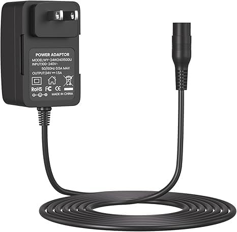 Abatinvo Electric Scooter Charger for Razor E300, E200, E100, PR200, MX350, Dirt Quad, Pocket Mod, Sports Mod, Go Kart Connector - 3-Prong Inline Female Battery Power Cord 24V 1500mA Adapter
