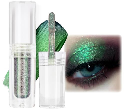 Flüssige Chamäleon Lidschatten, Grüner Glitter Liquid Eyeshadow, Langanhaltend & Wasserfest Metallic Schimmer Lidschatten, Holografische & Multichrome Augen Make Up, Fantastischer Farbwechseleffekt
